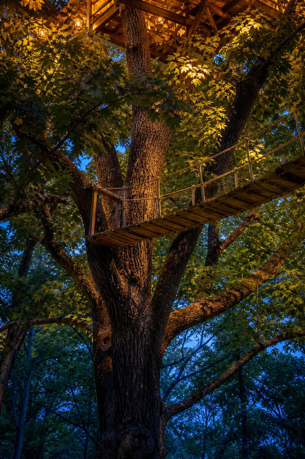 A rope-railed wooden footbridge crossing through lantern-lit branches toward a treehouse platform at dusk.