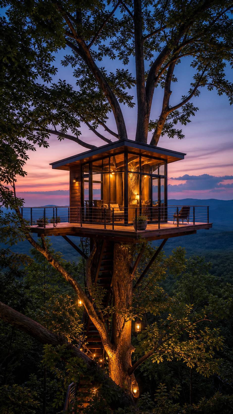 A glass-walled treehouse studio glowing warm at sunset, perched in a tall tree above the canopy with mountain ridges behind.
