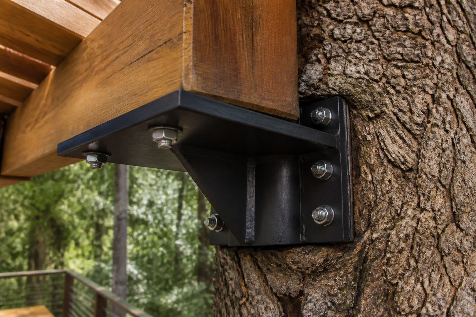 Close-up of a black steel bracket bolted into thick oak bark, carrying a laminated timber beam under a deck, with cable rail and green woods behind.