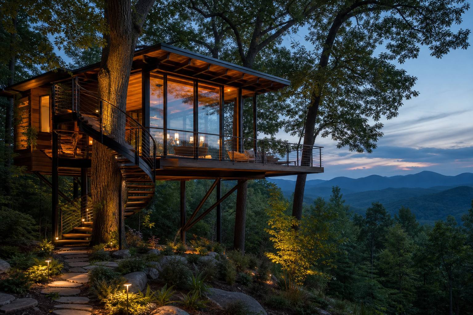 Glass-and-timber treehouse studio glowing at dusk on a mountainside, a spiral stair wrapping the host oak and a stone path below, Blue Ridge mountains on the horizon.