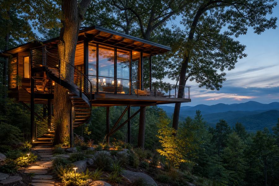 Glass-and-timber treehouse studio at dusk on a mountainside, spiral stair wrapping the host tree, Blue Ridge mountains behind.