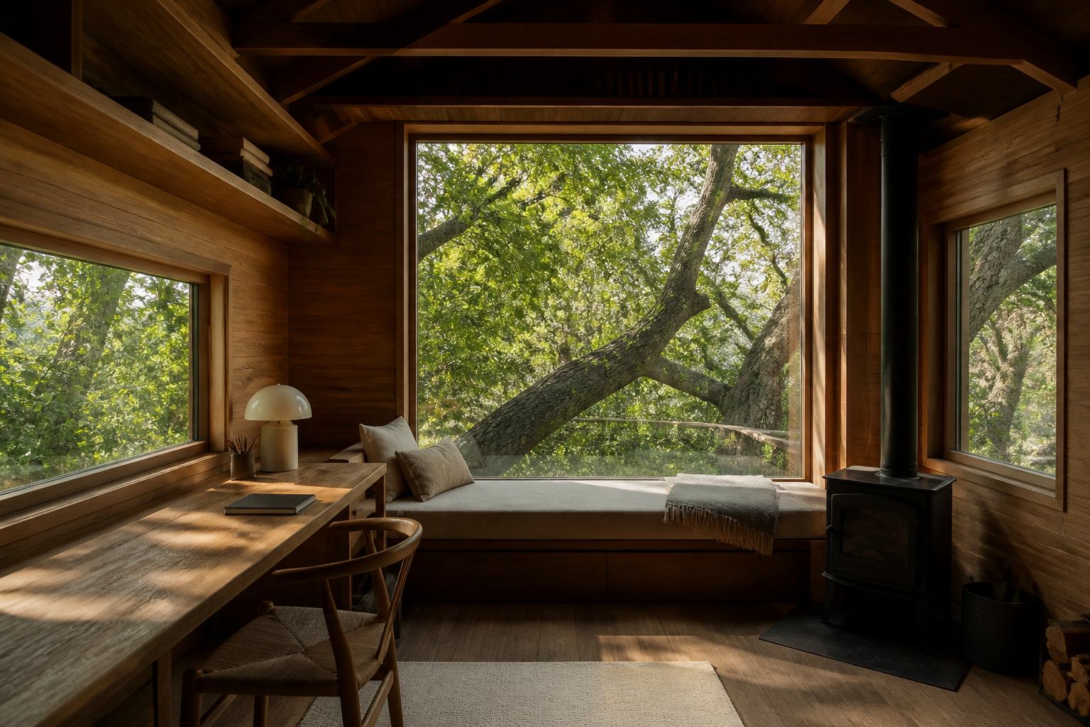 Warm wood-lined studio interior with a built-in desk, a window-seat daybed with cushions, a small wood stove, and a large picture window full of green branches.