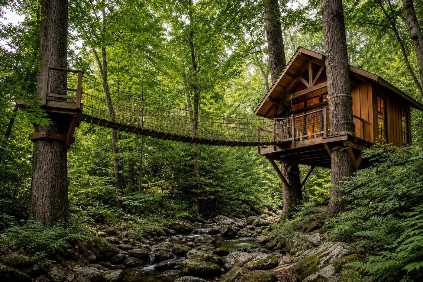 Suspended wooden footbridge with rope rails spanning a rocky creek between two hemlocks, ferns below and a small gabled bunk cabin at the far end.