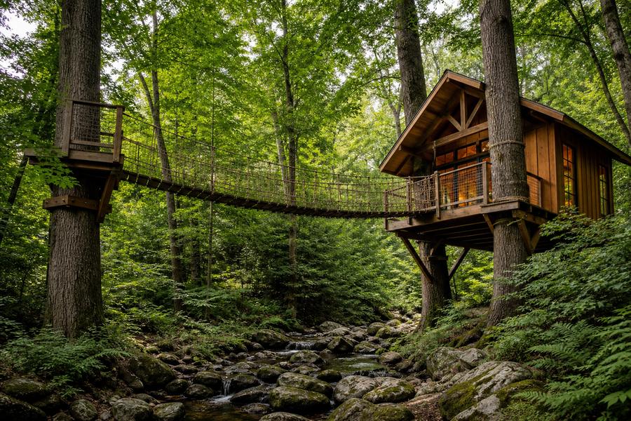 Suspended wooden footbridge spanning a rocky creek between two large trees, leading to a small gabled cabin.
