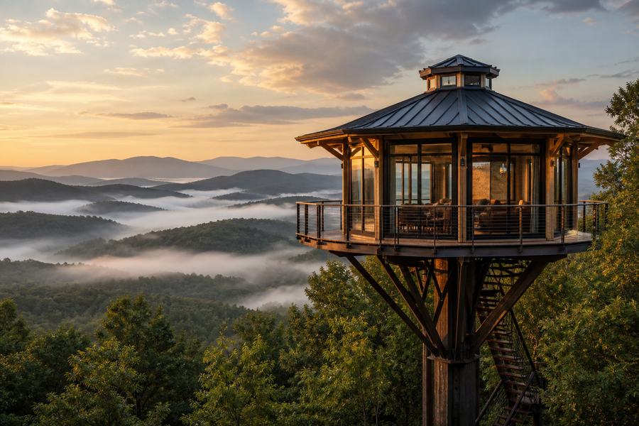 Octagonal glass lookout room on a timber tower above the treetops at sunrise, fog lying in the valleys below.